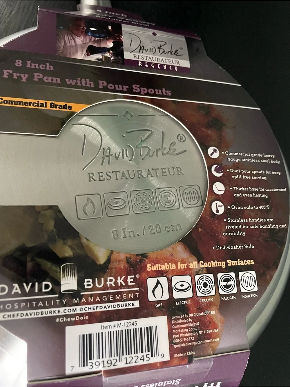David Burke Regency 8 Inch Stainless Steel Fry Pan W Pour Spouts Up to 400F NEW